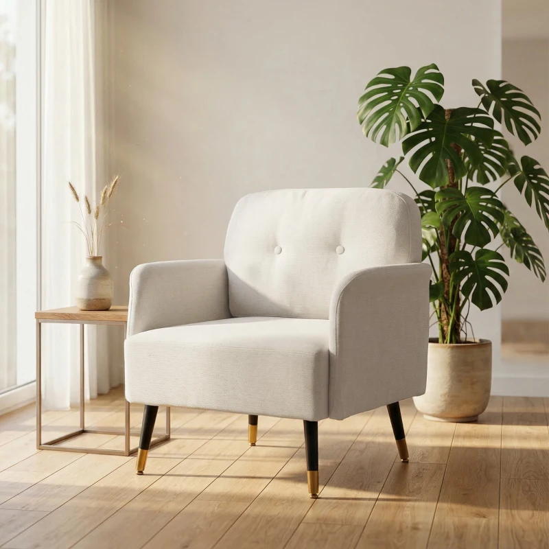 HOMCOM Accent Chair Modern Tufted with Metal Legs Upholstered Reading Armchair for Living Room Cream White