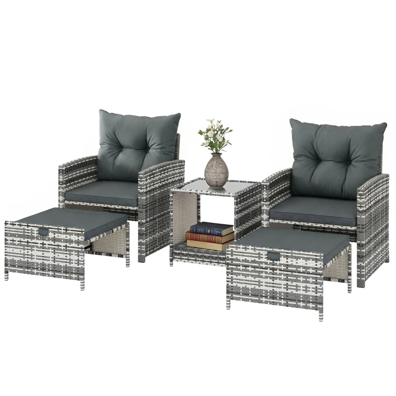 Outsunny 5 Piece Patio Furniture Set, Wicker Patio Chairs with Ottomans, 2-Tier Glass Coffee Table and Cushions, Grey/Dark Grey