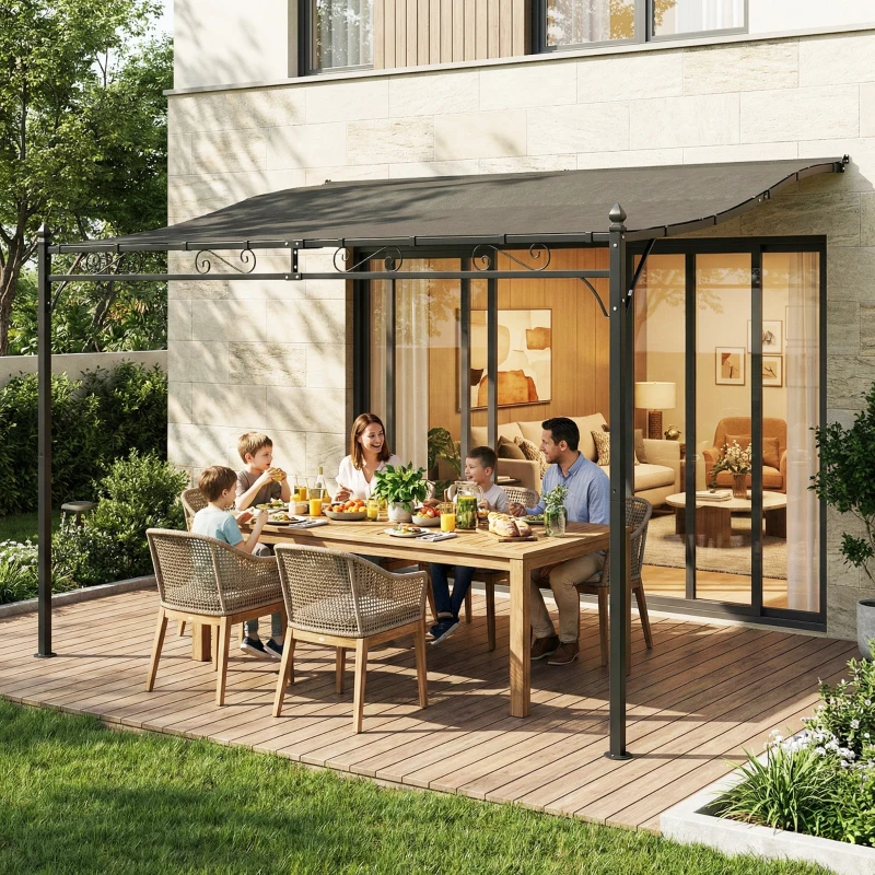 Outsunny 11.5' x 8.2' Outdoor Pergola, Wall Mounted Lean to Pergola with Metal Frame, UPF30+, Garden Gazebo