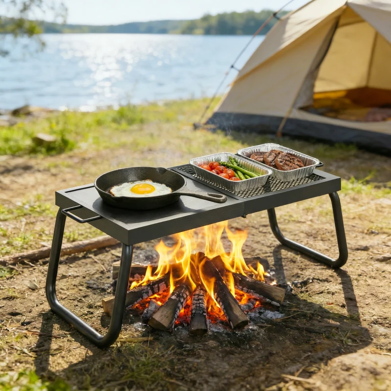 Outsunny Folding Campfire Grill, Heavy Duty Steel Mesh Grate, Portable Camping Grate with Carry Bag, Black