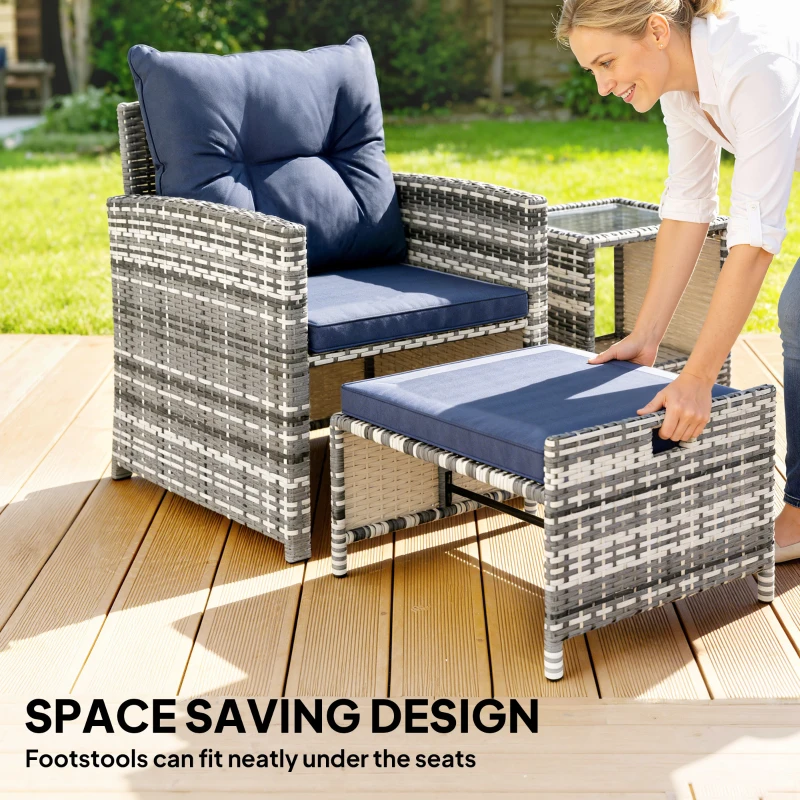 Outsunny 5 Piece Patio Furniture Set, Wicker Patio Chairs with Ottomans, 2-Tier Glass Coffee Table and Cushions, Grey/Dark Blue