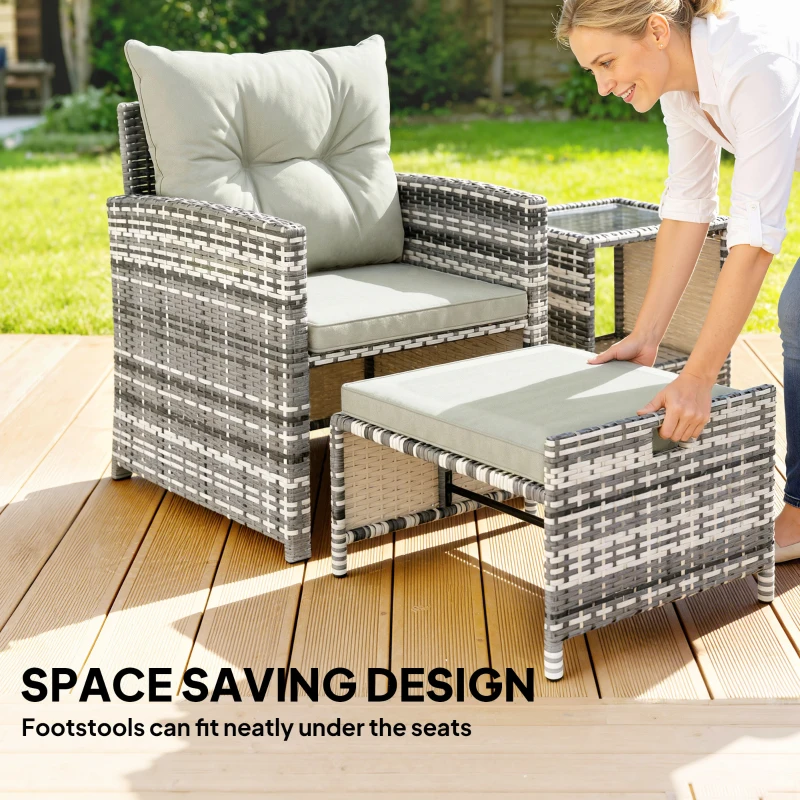 Outsunny 5 Piece Patio Furniture Set, Wicker Patio Chairs with Ottomans, 2-Tier Glass Coffee Table and Cushions, Grey/Cream White