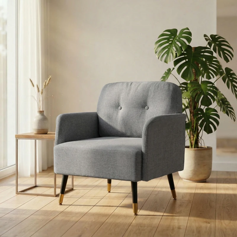 HOMCOM Accent Chair Modern Tufted with Metal Legs Upholstered Reading Armchair for Living Room Grey