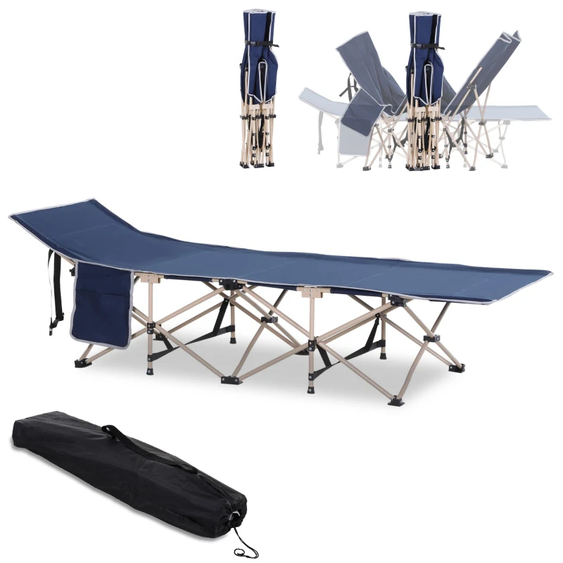 Outsunny Folding Camping Cots for Adults with Carry Bag, Side Pocket, Outdoor Portable Sleeping Bed, 330 lbs. Capacity, Blue