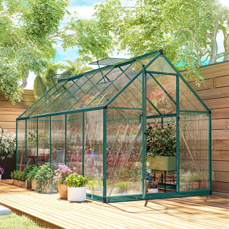 Outsunny Polycarbonate Greenhouse with Swing Door and Two Adjustable Roof Vents, Aluminum Walk-in Greenhouse, 11x6 ft, Dark Green