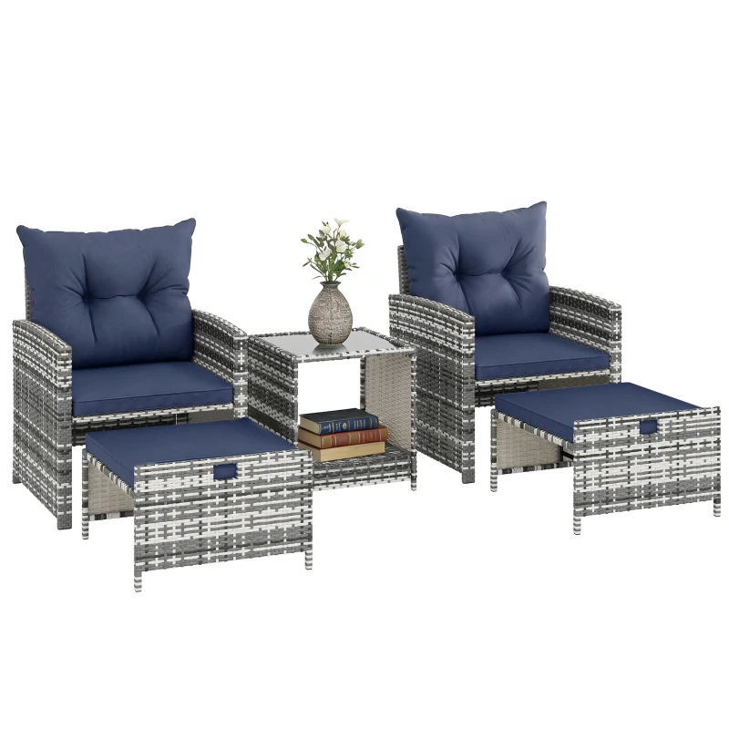 Outsunny 5 Piece Patio Furniture Set, Wicker Patio Chairs with Ottomans, 2-Tier Glass Coffee Table and Cushions, Grey/Dark Blue