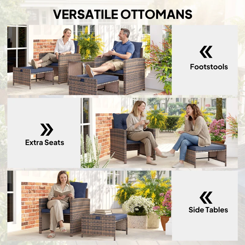 Outsunny 5 Piece Patio Furniture Set, Wicker Patio Chairs with Ottomans, 2-Tier Glass Coffee Table and Cushions, Brown/Dark Blue