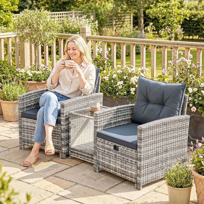 Outsunny 5 Piece Patio Furniture Set, Wicker Patio Chairs with Ottomans, 2-Tier Glass Coffee Table and Cushions, Grey/Dark Grey