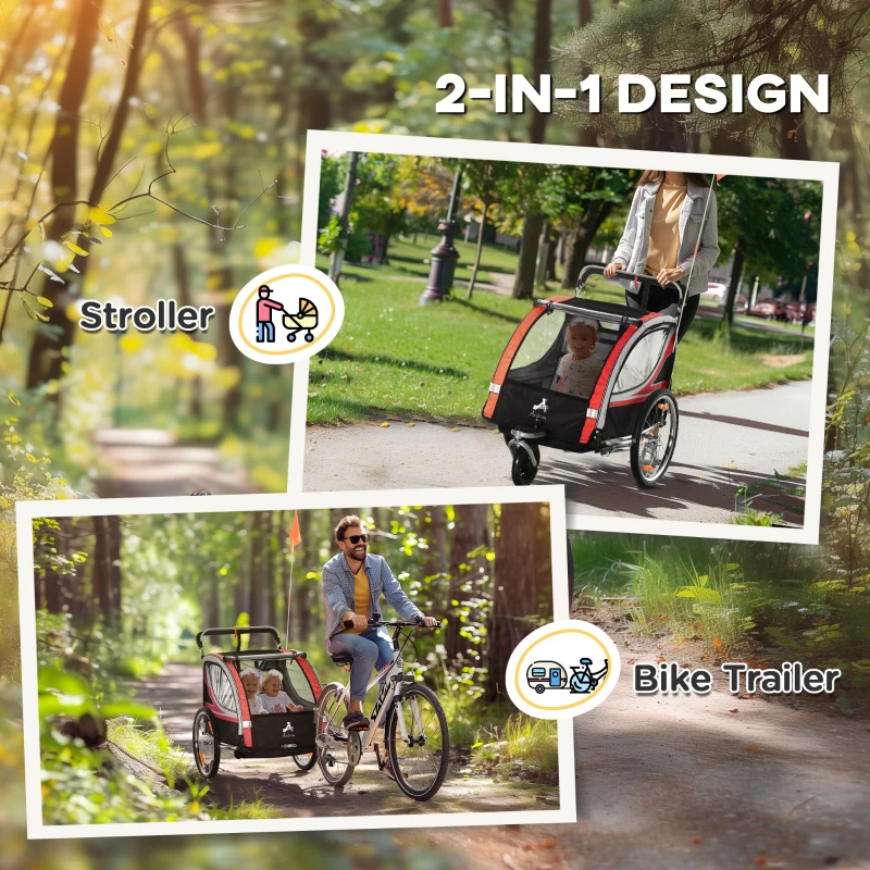Aosom 2 Seat Bike Trailer for Kids 2-in-1 Double Baby Stroller with Handbrake, Rubber Wheels, 5 Point Harness, Waterproof Cover, Storage Bag, Reflectors, Red