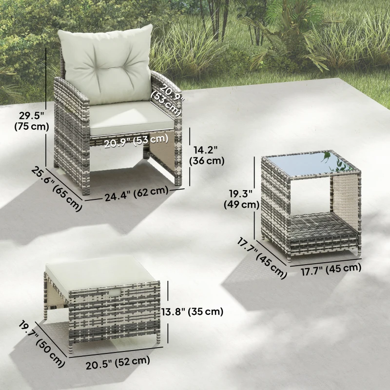 Outsunny 5 Piece Patio Furniture Set, Wicker Patio Chairs with Ottomans, 2-Tier Glass Coffee Table and Cushions, Grey/Cream White