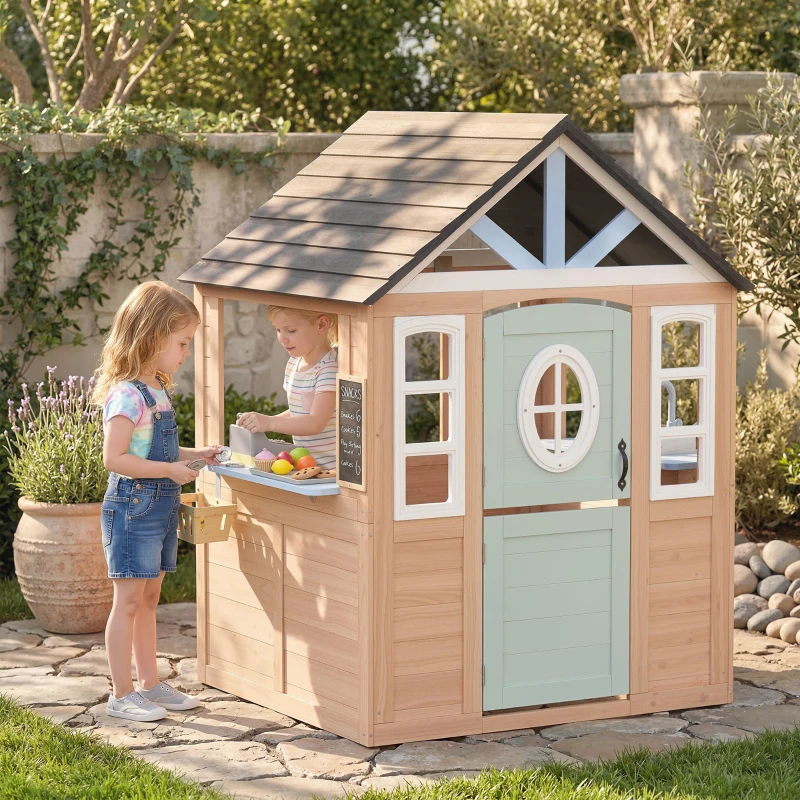 Qaba Kids Outdoor Playhouse, Wooden Cottage Play House with Pet Door, Play Kitchen, Half Door and Windows for Indoor Outdoor