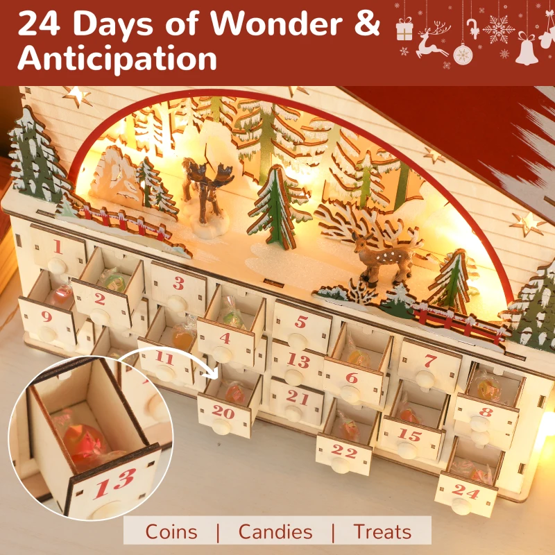 HOMCOM Christmas Advent Calendar with 24 Countdown Drawers and LED Lights, Wooden Advent Calendar House, Battery Operated