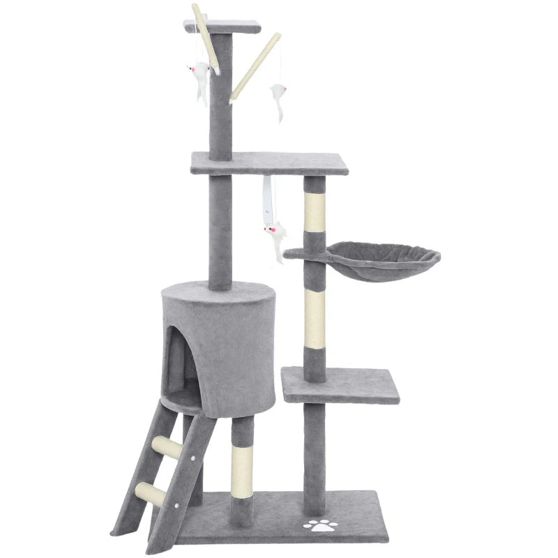 PawHut 53" Cat Tree Tower, Kitten Activity Centre with Scratching Posts, Condo, Perches, Ladder, Hammock, Dangling Toys, Grey
