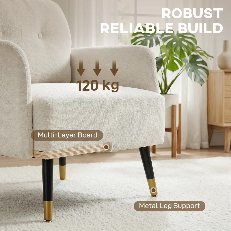 HOMCOM Accent Chair Modern Tufted with Metal Legs Upholstered Reading Armchair for Living Room Cream White