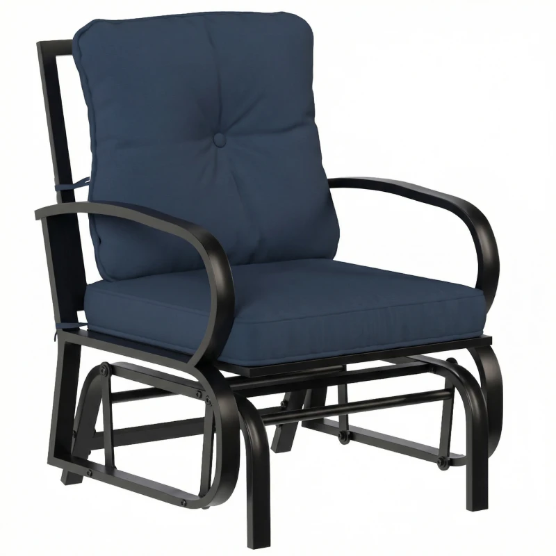 Outsunny Patio Glider, Outdoor Glider Chair with Cushions, Steel Frame, Curved Armrests, Dark Blue