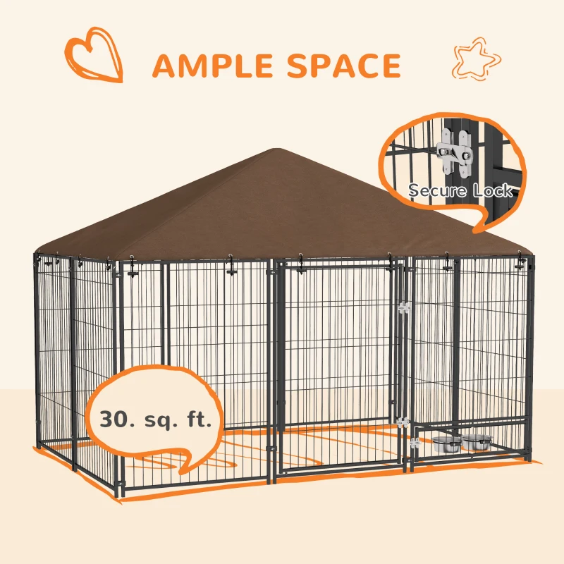 PawHut Outside Dog Kennel, 6.9' x 4.6' x 5' Puppy Play Pen with Canopy, Garden Playpen Fence Crate with Rotating Bowl, Black