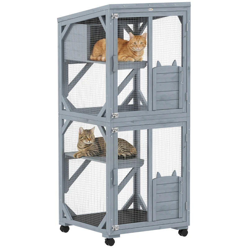 PawHut Movable Catio Outdoor Cat Enclosure with Resting Box, 3 Jumping Platforms, Waterproof Asphalt Roof for Outdoor Indoor