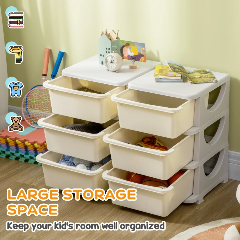 Qaba 3 Tier Kids Toy Organizer and Storage Bins with 6 Plastic Drawers, Cream White