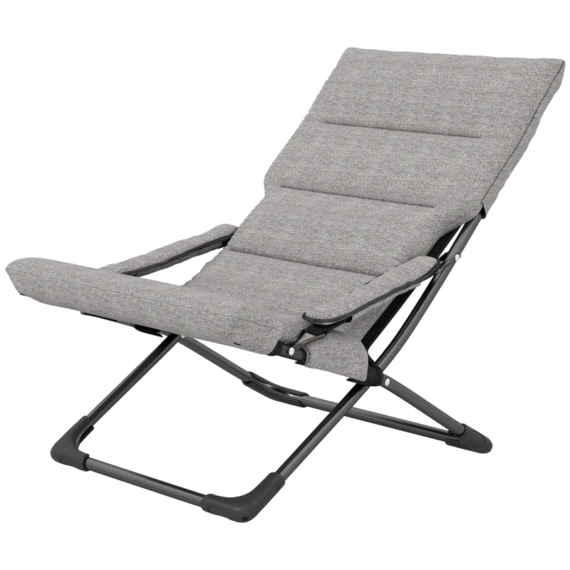 Outsunny Folding Lounge Chair, Mesh Fabric Lounger with Thick Padded Cushion and Armrest, Camping Beach Chair for Poolside, Deck, Backyard, Grey