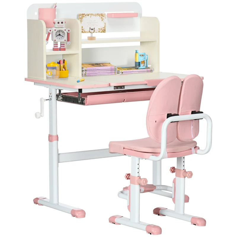 Qaba Kids Desk and Chair Set with Hand Crank, Tilted Desktop, Height Adjustable Student Writing Desk & Chair with Adaptive Seat Back, Footrest, Bookshelf, Drawer, Pen Holder, Pink