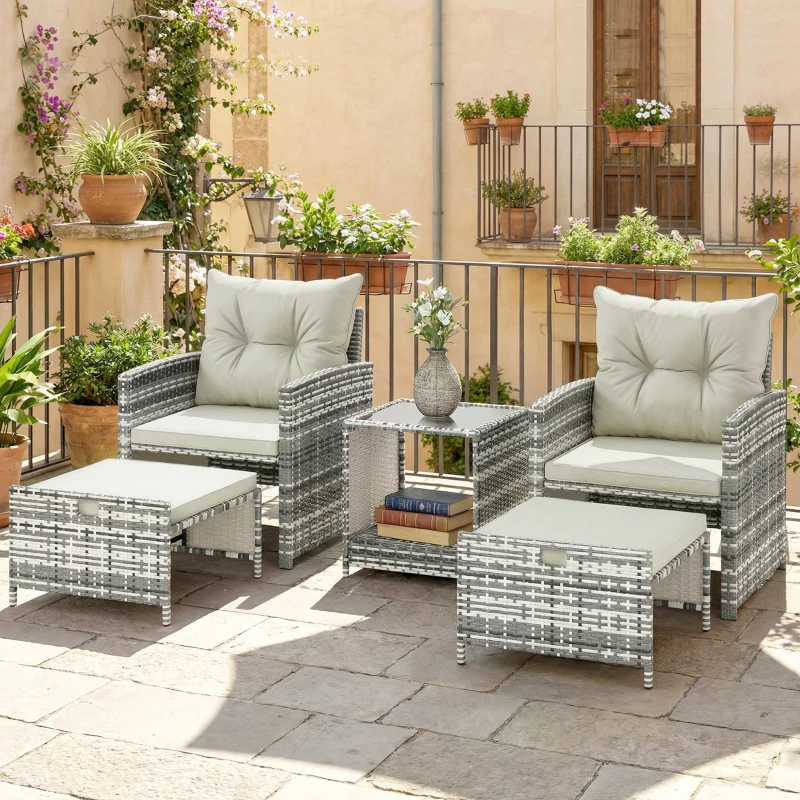Outsunny 5 Piece Patio Furniture Set, Wicker Patio Chairs with Ottomans, 2-Tier Glass Coffee Table and Cushions, Grey/Cream White
