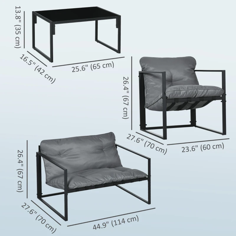 Outsunny 4 Piece Outdoor Furniture Set, Patio Conversation Set with Tempered Glass Table, Loveseat, 2 Chairs and Cushions, Grey