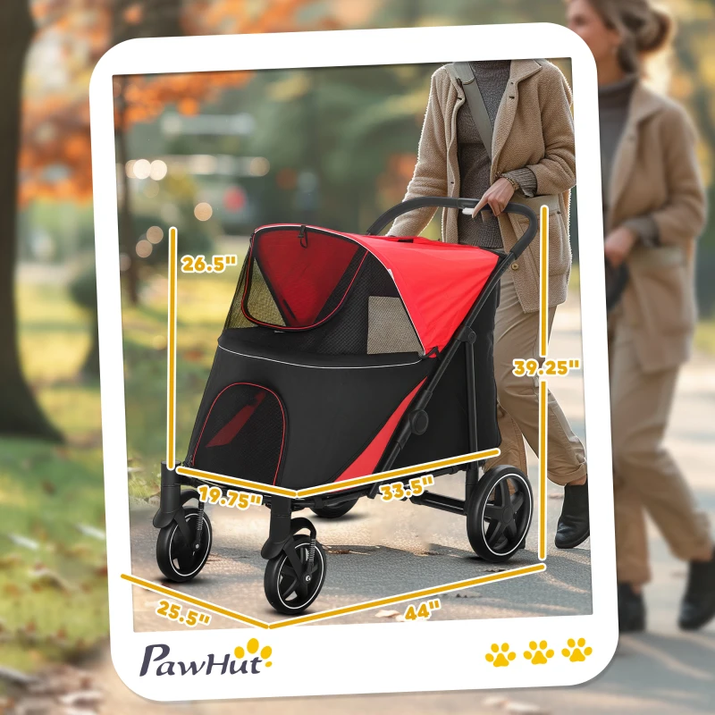 PawHut Dog Stroller for Large Medium Small Dogs up to 66 Lbs. 23.5" in Body Length, One-Click Foldable Pet Cat Stroller with Storage, Shock Absorption Wheels, Mesh Window, Safety Leash, Red