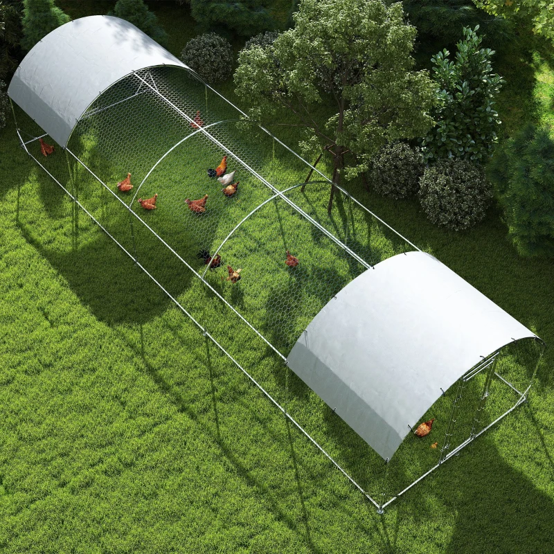 PawHut Galvanized Large Metal Chicken Coop Cage Walk-in Enclosure Poultry Hen Run House Playpen Rabbit Hutch with Cover for Outdoor Backyard 9.2' × 31.2' × 6.4'Silver