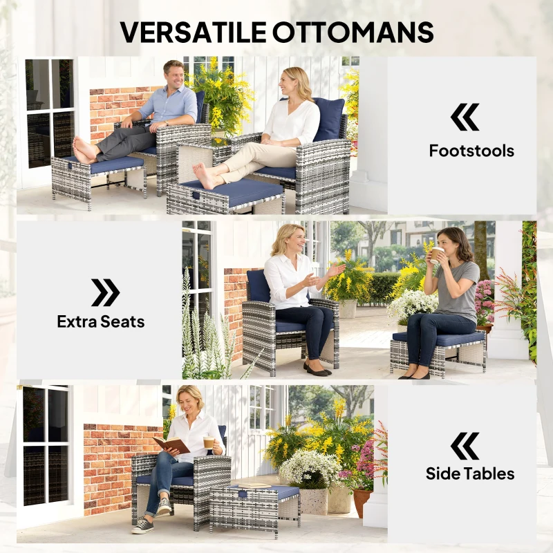 Outsunny 5 Piece Patio Furniture Set, Wicker Patio Chairs with Ottomans, 2-Tier Glass Coffee Table and Cushions, Grey/Dark Blue