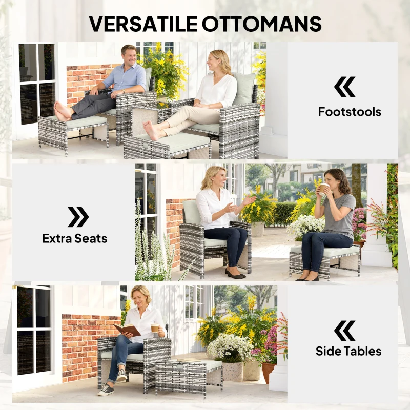 Outsunny 5 Piece Patio Furniture Set, Wicker Patio Chairs with Ottomans, 2-Tier Glass Coffee Table and Cushions, Grey/Cream White
