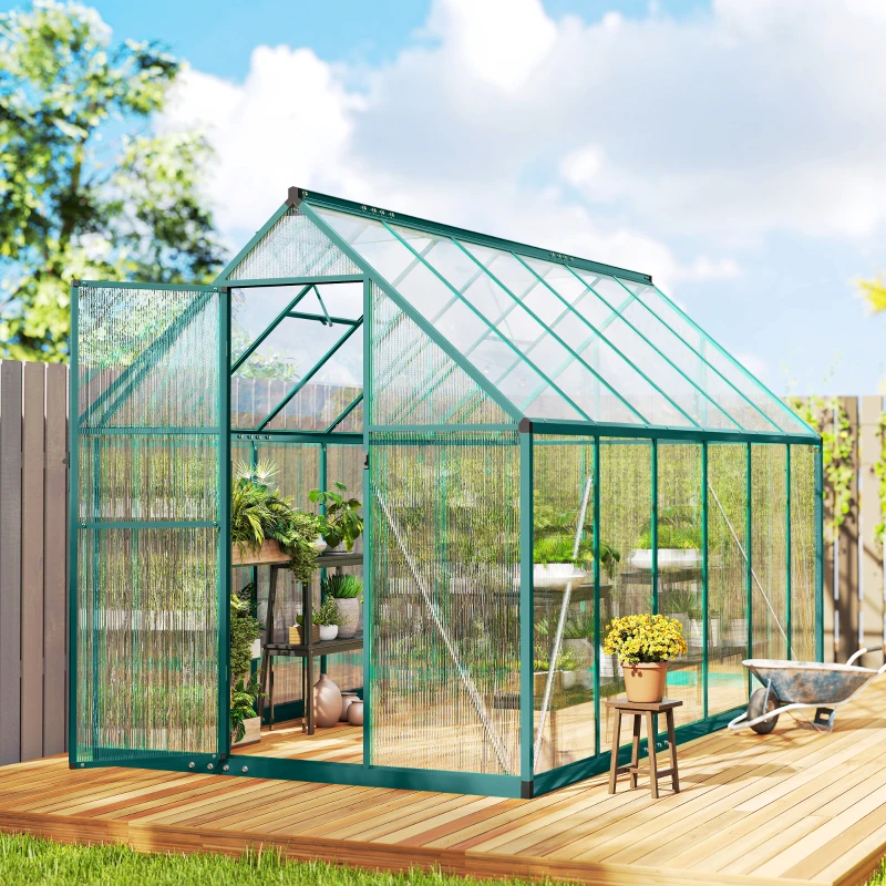 Outsunny Polycarbonate Greenhouse with Swing Door and Two Adjustable Roof Vents, Aluminum Walk-in Greenhouse, 11x6 ft, Dark Green