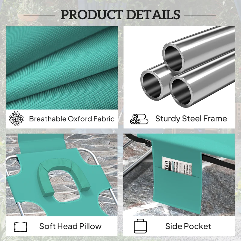 Outsunny Tanning Chair with Face Hole, 5-Level Adjustable Outdoor Chaise Lounge Chair with Pillow for Beach, Pool, Light Green