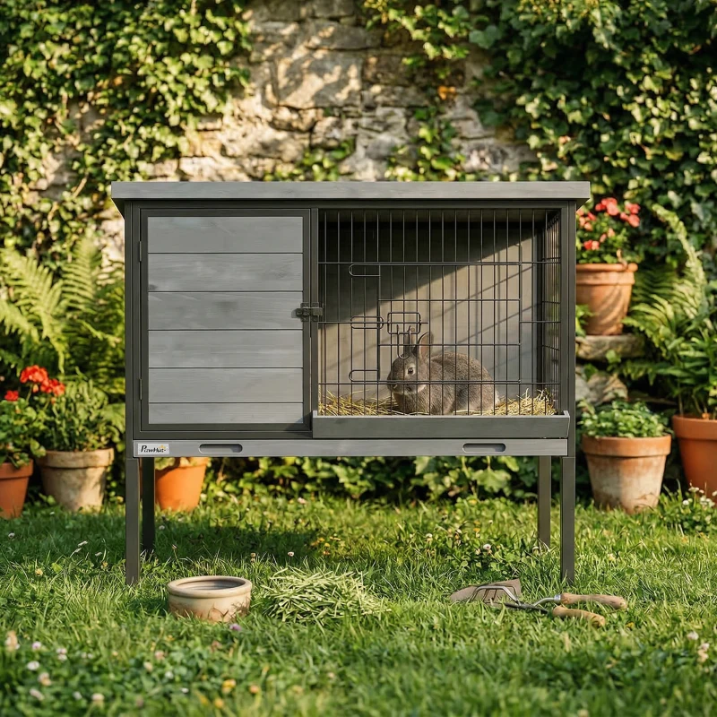 PawHut Elevated Rabbit Hutch Outdoor, Wooden Rabbit Cage Bunny House with Pull-out Tray and Openable Plastic Roof