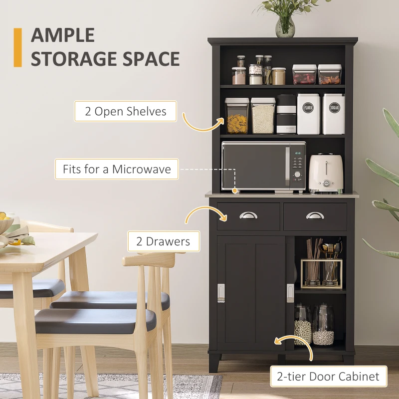 HOMCOM 67" Freestanding Buffet with Hutch, Kitchen Pantry Storage Cabinet with Sliding Doors, Drawers and Open Shelves, Adjustable Shelving, Black