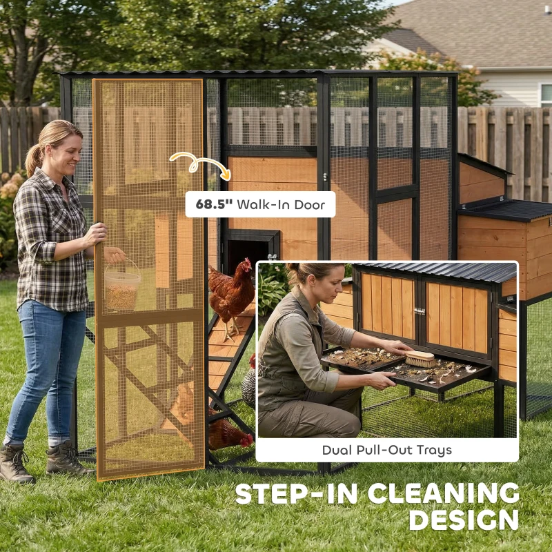 PawHut 105" Large Chicken Coop, Walk-in Wooden Hen House for 7-12 Hens, Poultry Cage Chicken House with Run, 2 Nesting Boxes