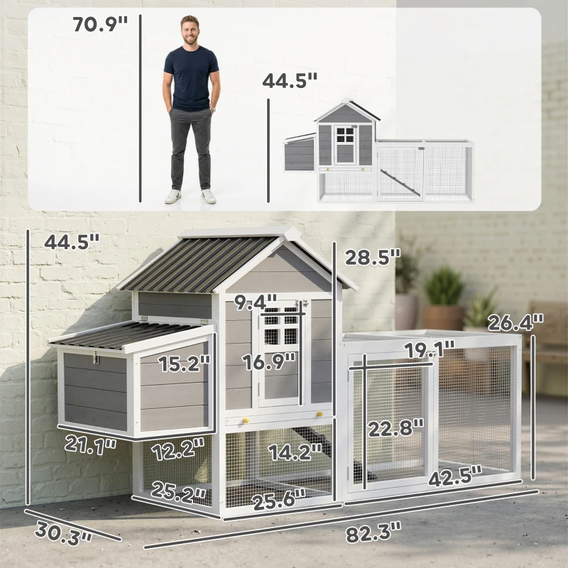 PawHut 82" Wooden Chicken Coop, Large Outdoor Hen House for 2-3 Hens, Chicken House with Nesting Box, Pull-on Tray