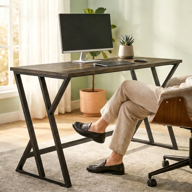 HOMCOM 55 Inch Computer Desk, Industrial Writing Desk with Z-Shaped Metal Leg, Study Table for Home Office, Rustic Brown