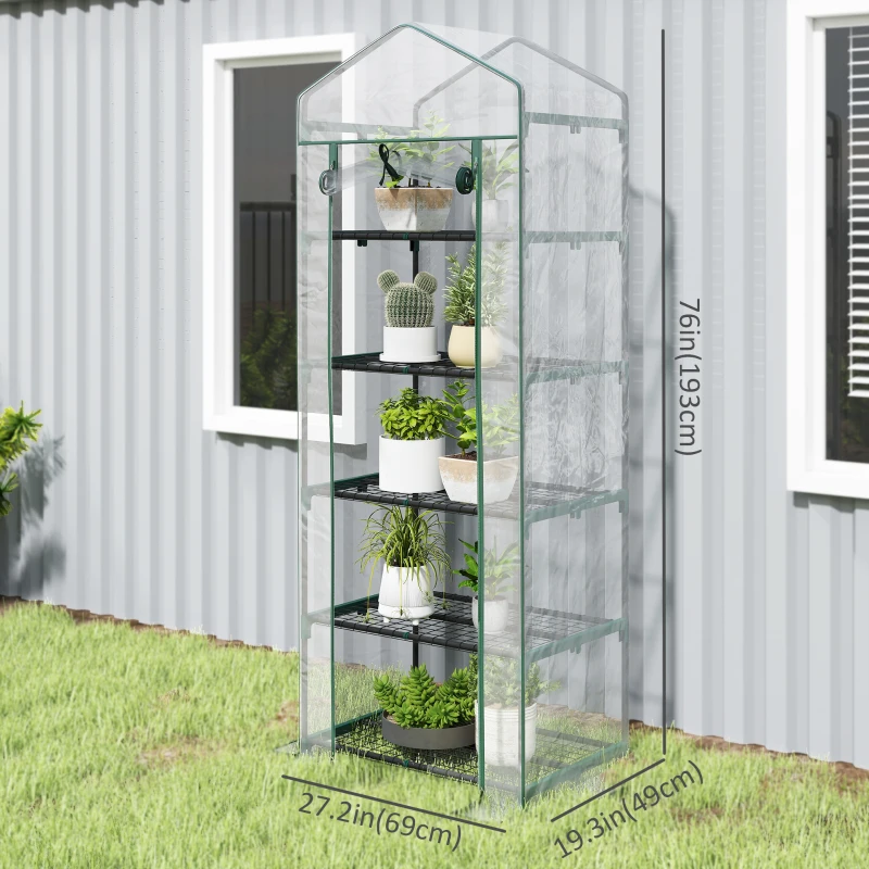 Outsunny 5 Tier Mini Greenhouse, Portable Outdoor Flower Stand with Shelf Clips, Indoor Greenhouse with Steel Frame, Transparent, 27.25" x 19.25" x 76", Clear