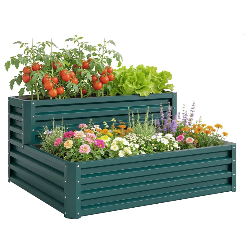 Outsunny 2 Tier Galvanized Raised Garden Bed, Steel Planter Box for Vegetables, Flowers, Herbs, 47" x 40" x 23", Green