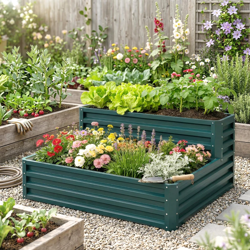 Outsunny 2 Tier Galvanized Raised Garden Bed, Steel Planter Box for Vegetables, Flowers, Herbs, 47" x 40" x 23", Green