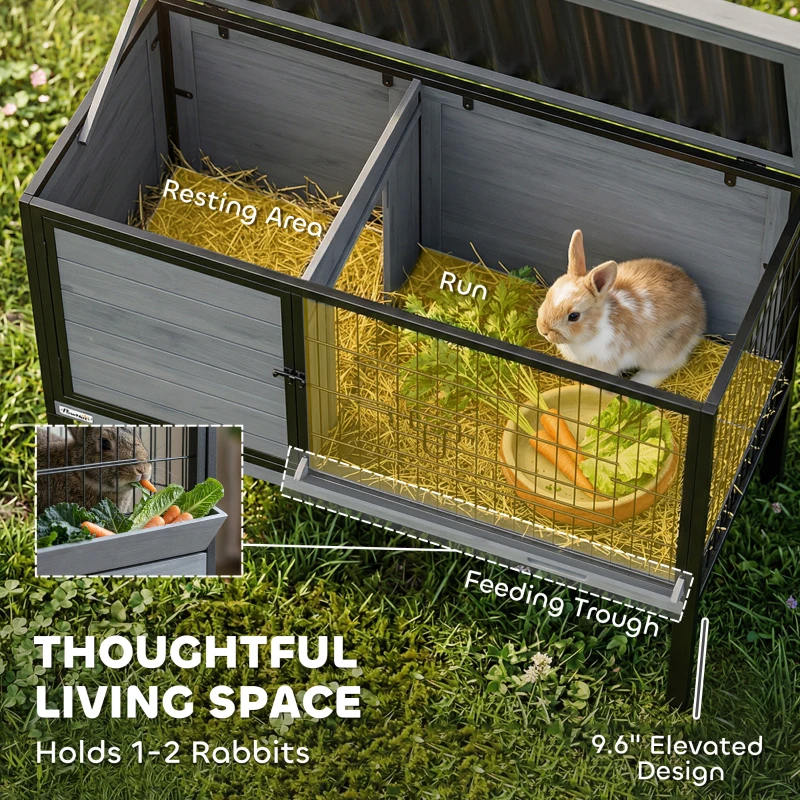 PawHut Elevated Rabbit Hutch Outdoor, Wooden Rabbit Cage Bunny House with Pull-out Tray and Openable Plastic Roof