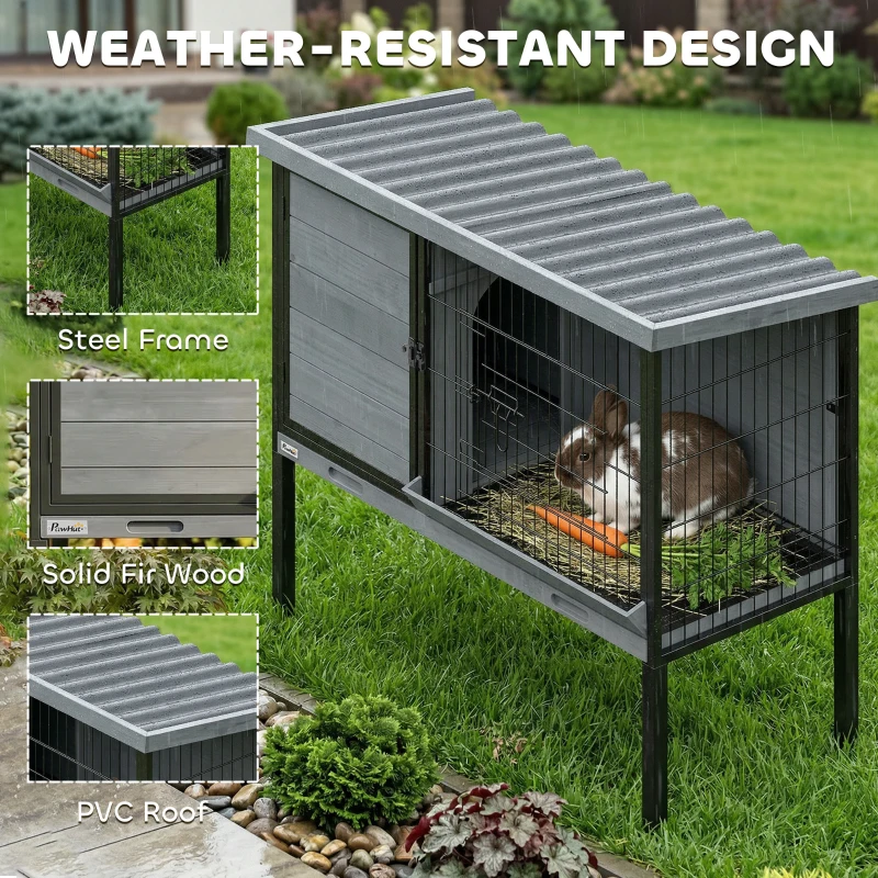 PawHut Elevated Rabbit Hutch Outdoor, Wooden Rabbit Cage Bunny House with Pull-out Tray and Openable Plastic Roof