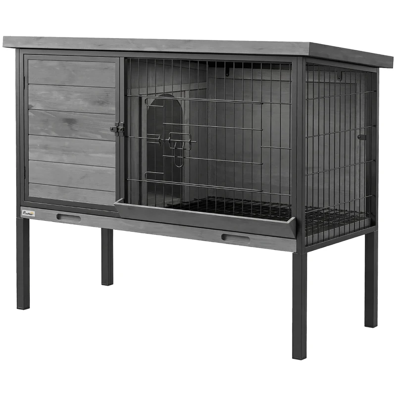 PawHut Elevated Rabbit Hutch Outdoor, Wooden Rabbit Cage Bunny House with Pull-out Tray and Openable Plastic Roof