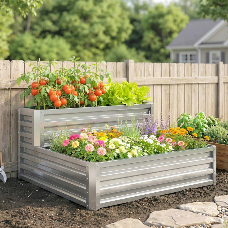 Outsunny 2 Tier Galvanized Raised Garden Bed, Steel Planter Box for Vegetables, Flowers, Herbs, 47" x 40" x 23", Silver
