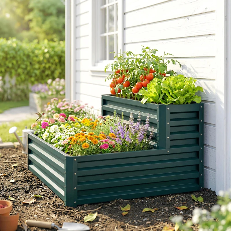 Outsunny 2 Tier Galvanized Raised Garden Bed, Steel Planter Box for Vegetables, Flowers, Herbs, 47" x 40" x 23", Green