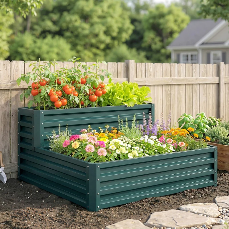 Outsunny 2 Tier Galvanized Raised Garden Bed, Steel Planter Box for Vegetables, Flowers, Herbs, 47" x 40" x 23", Green