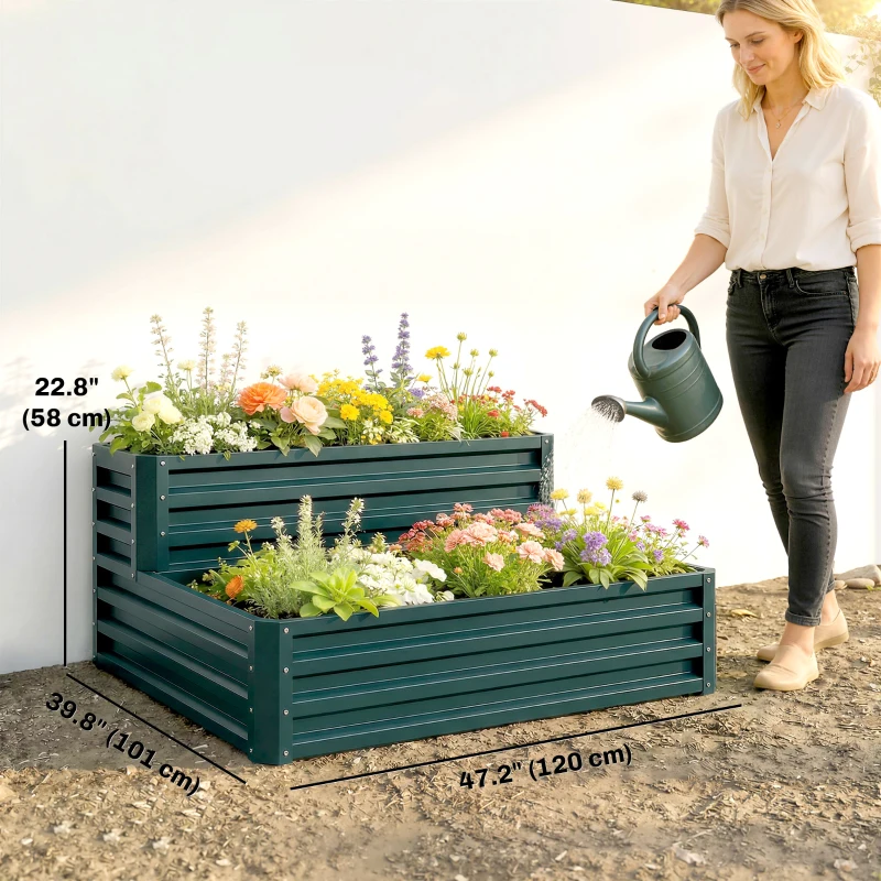 Outsunny 2 Tier Galvanized Raised Garden Bed, Steel Planter Box for Vegetables, Flowers, Herbs, 47" x 40" x 23", Green