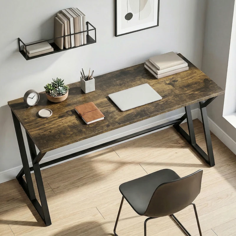 HOMCOM 55 Inch Computer Desk, Industrial Writing Desk with Z-Shaped Metal Leg, Study Table for Home Office, Rustic Brown