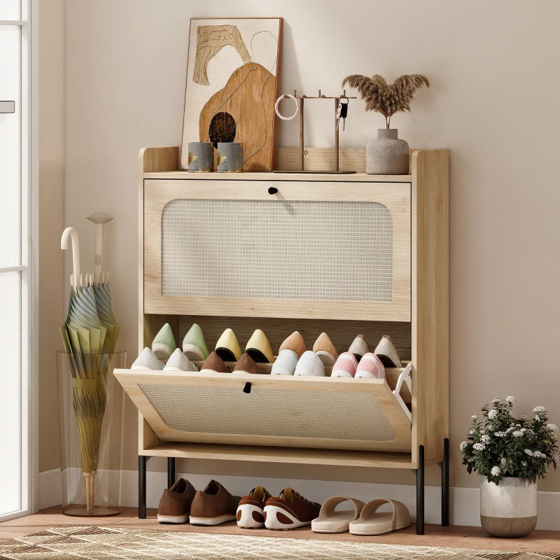 HOMCOM Shoe Cabinet with 2 Flip Drawers, Boho Narrow Shoe Storage Cabinet, Oak