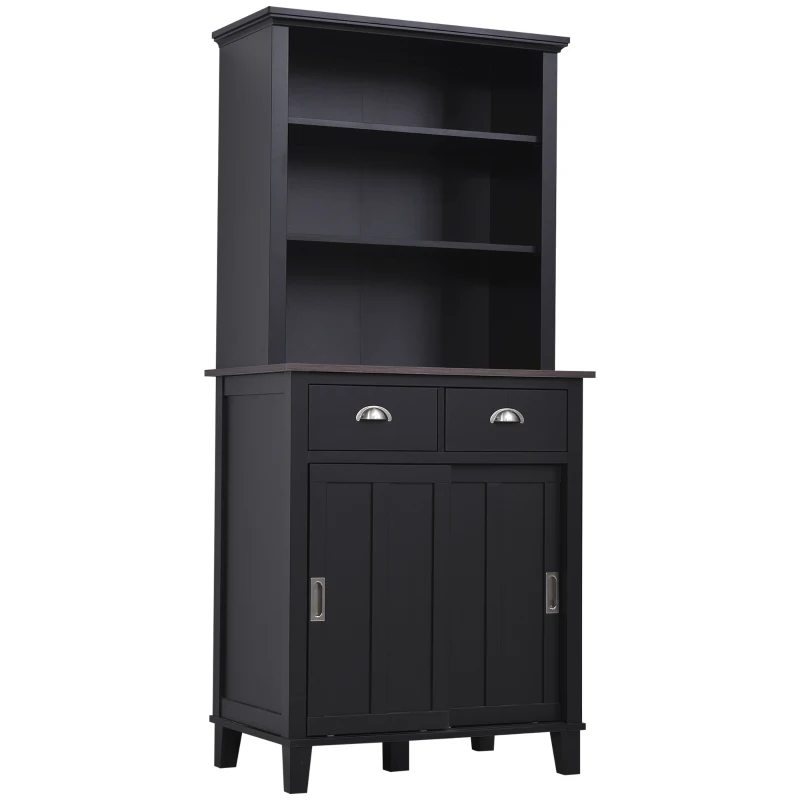 HOMCOM 67" Freestanding Buffet with Hutch, Kitchen Pantry Storage Cabinet with Sliding Doors, Drawers and Open Shelves, Adjustable Shelving, Black
